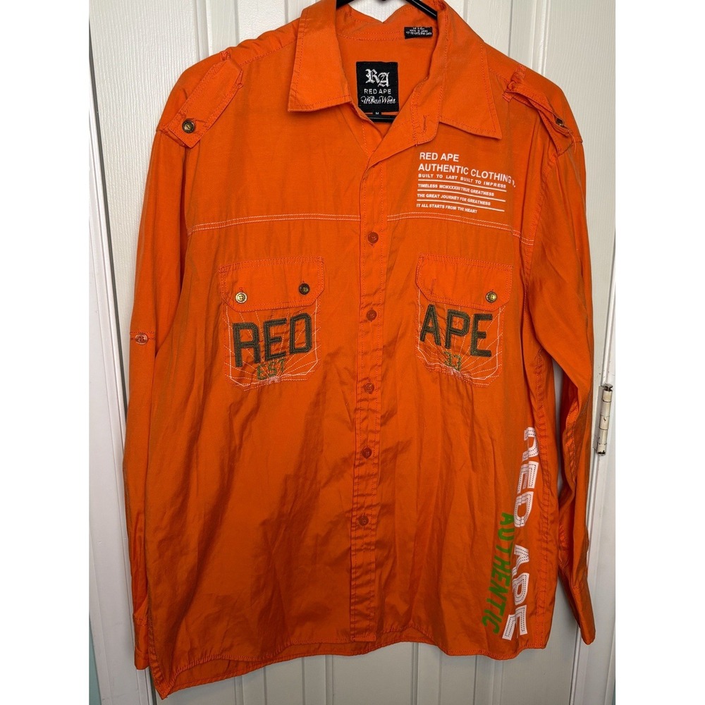 Red Ape Button Up Shirt Mens Medium Orange Long Sleeve The Journey Y2K
